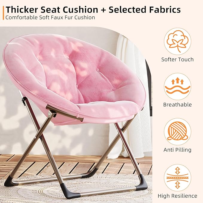 GAOMON Saucer Chair, Comfy Chair Faux Fur Lounge Moon Chair with Folding Metal Frame, Oversized Plush Flower Accent Seat for Adults, Teens & Kids, for Teens, Bedroom, Dorm or Living Room, Pink