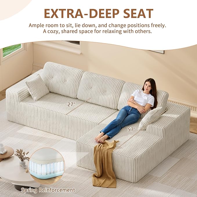 Ball & Cast 106" Modular Sectional Sofa,Cloud Corduroy Couch with Deep Seat,Boneless L-Shaped Sectional,Modern Comfort Upholstered Sofa for Living Room,No Assembly Required (Beige,Right Facing Chaise)