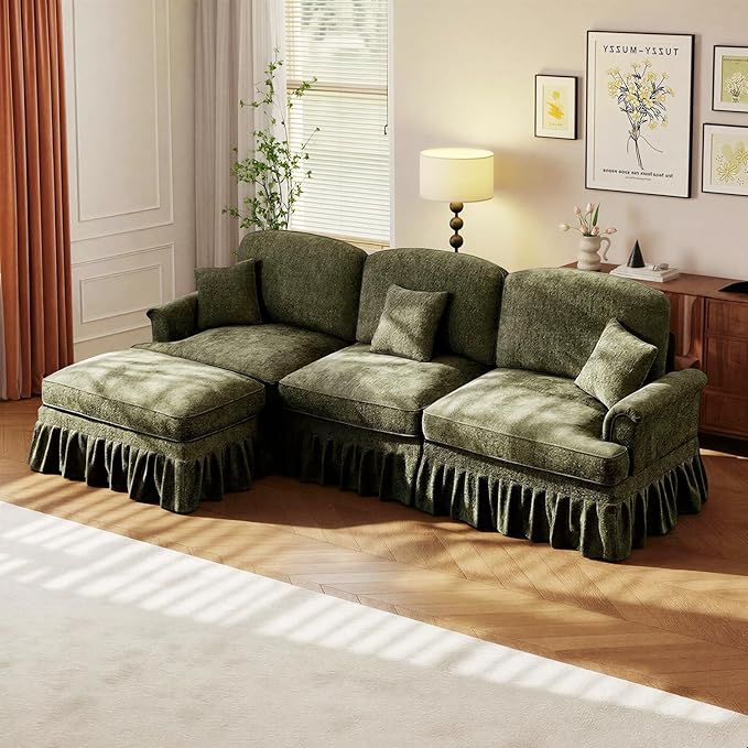 Rovibek 107” L Shaped Couch, Chenille Midcentury Modern Sofa with Detachable Ruffle Hem, Sectional Couches for Living Room with Throw Pillows & Ottoman, Green