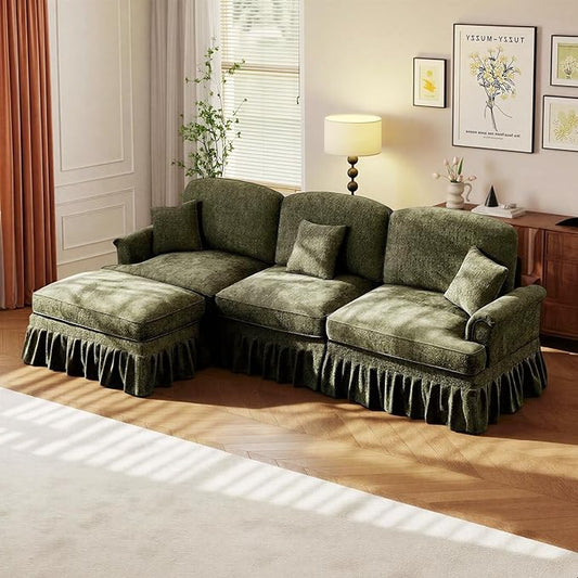 Rovibek 107” L Shaped Couch, Chenille Midcentury Modern Sofa with Detachable Ruffle Hem, Sectional Couches for Living Room with Throw Pillows & Ottoman, Green