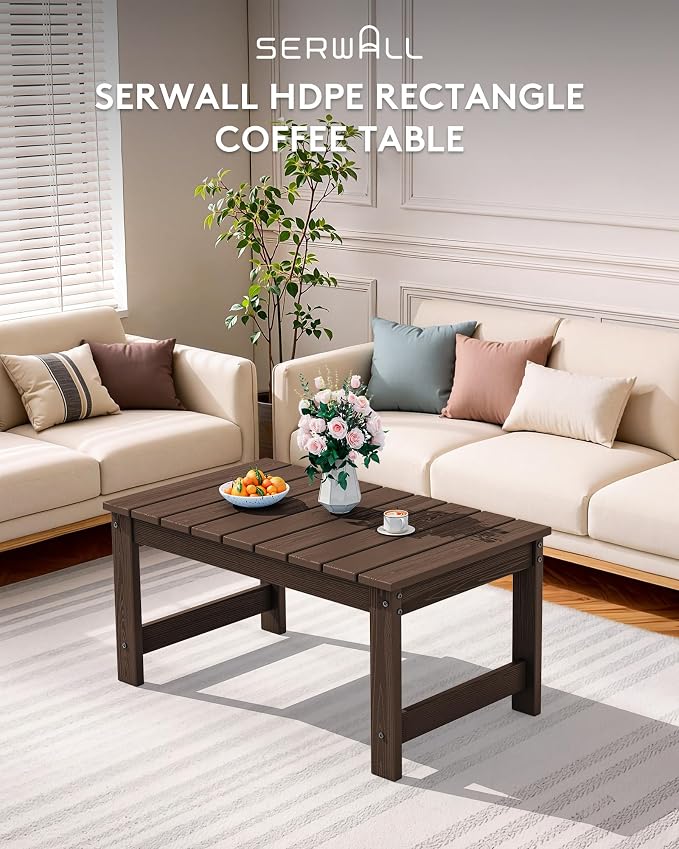 SERWALL Outdoor Coffee Table with 1.69" Umbrella Hole, HDPE Patio Coffee Table for Outside, Rectangle, Coffee - Image 8