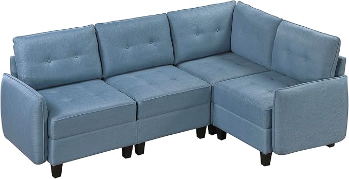 Lexicon L Shape Sectional Couch with Hidden Storage, Textured Fabric Modular Sectional Sofa with Button-Tufted Design, Reversible Back Cushion, 4 Seater Sofa, Blue