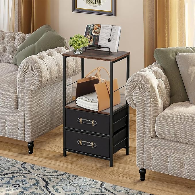 FUSLITE Nightstand with Charging Station, 27.5" Tall LED Night Stand with 2 Drawers, Industrial Bedside Table with Remote Control Lights, Rustic Brown End Table with USB Ports for Bedroom - Image 8
