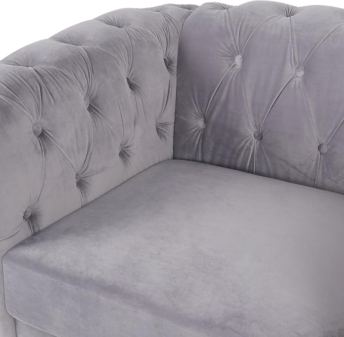 LEVNARY Velvet Chesterfield Chair, Mid-Century Modern Single Sofa Chair with Button Tufted Backrest and Nailhead Decor, Tufted Upholstered Rolled Armchair for Home Bedroom Reading Room (Gray)
