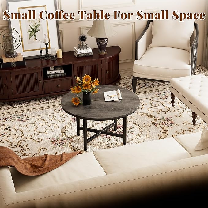 Coffee Table, 23.6" Small Coffee Tables, Gray Round Coffee Tables for Living Room, Floor Table for Sitting on The Floor, Center Coffee Table with Metal Frame for Office Apartment Home