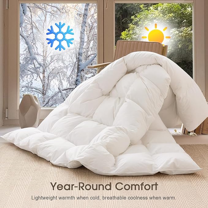 Cobnom® Feather and Down Fibres Comforter King Size - 100% Organic Cotton, Quill-Free & Ethical, Luxury All Season Duvet Insert (White, 106x90 Inches)