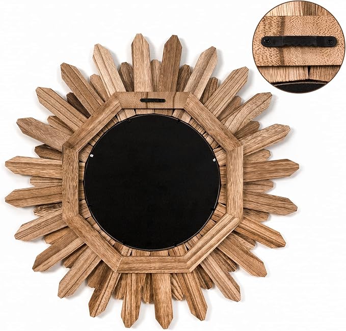 Honiway Mirror Wall Decor 21 inch Rustic Wood Boho Aesthetic Mirror for Room & Home Decor Farmhouse Wall Decor at Living Room Bedroom Carbonized Black - Image 7