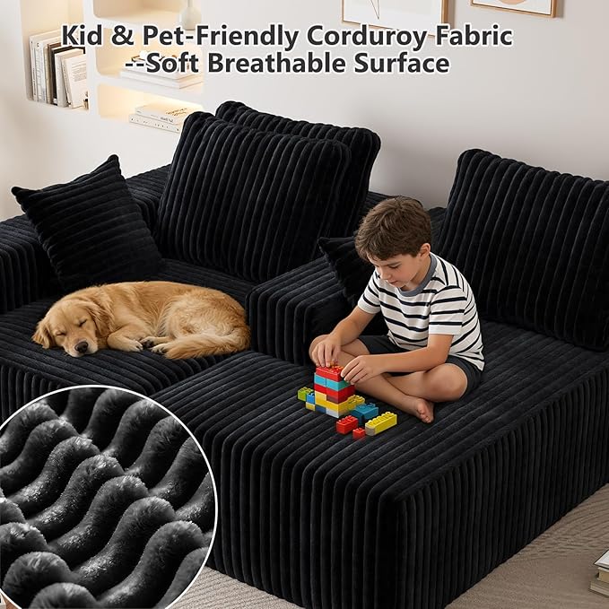 96" Cloud Sectional Couches for Living Room, Modular Sectional Sofa with Chaise, Upholstered Boneless Couches, Comfy Flannel Fluffy Couch with Pillows and Side Pockets No Assembly(Black)