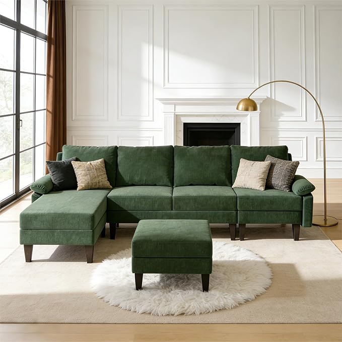 Modern L-Shaped Sectional Sofa with Storage Ottoman, Apartment Sectional Couch with Left Facing Chaise, 3-Piece Living Room Sofa Set, 115 Inch Furniture, Green