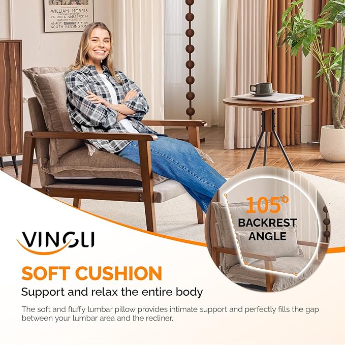 VINGLI Mid-Century Modern Cloud Accent Armchair with Lumbar Pillow, 6.3'' Thick Seat Cushion Comfortable Reading Chair with Wooden Armrests，Boho Lounge Chair for Bedroom, Living Room, Chenille, Khaki