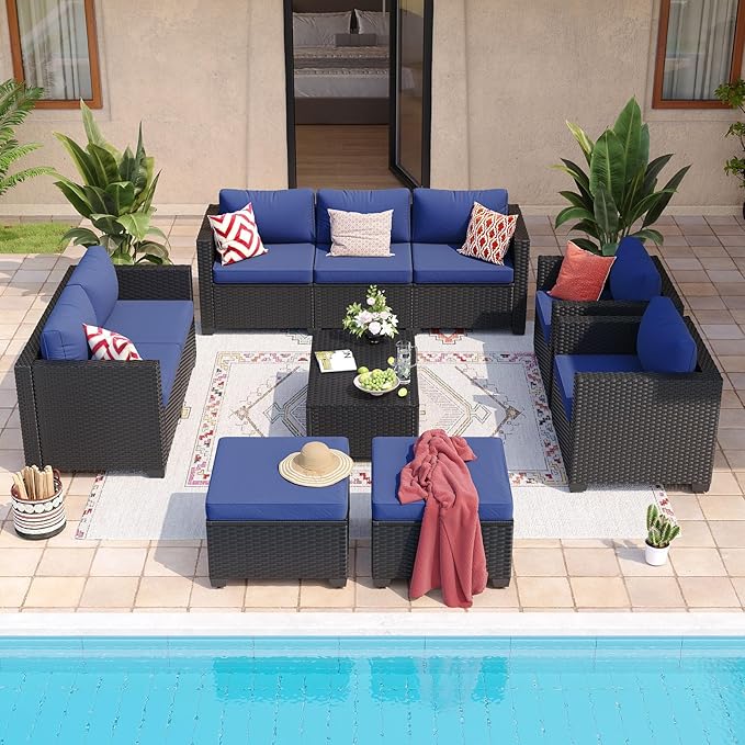 Aoxun 10 Piece Outdoor Patio Furniture Set 9 Seats, Outdoor Sectional with Thick Waterproof Cushions & Storage Coffee Table, Patio Conversation Sets for Garden,Backyard, Porch, Balcony, Deck, Blue
