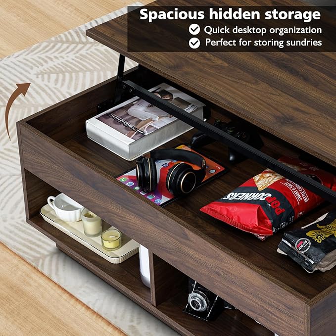 HOMMPA Lift Top Coffee Table with LED Light, Modern Center Table for Living Room, 3 Tiers Tea Table with Storage,Small Apartment Furniture with Hidden Compartment & 2 Open Shelves, Walnut
