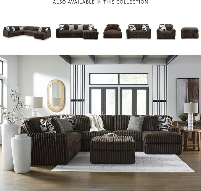 Signature Design by Ashley Midnight-Madness Casual U-Shaped Anti Sag 4-Piece Sectional with Chaise, Reversible Seat Cushions and 9 Accent Pillows, Dark Brown