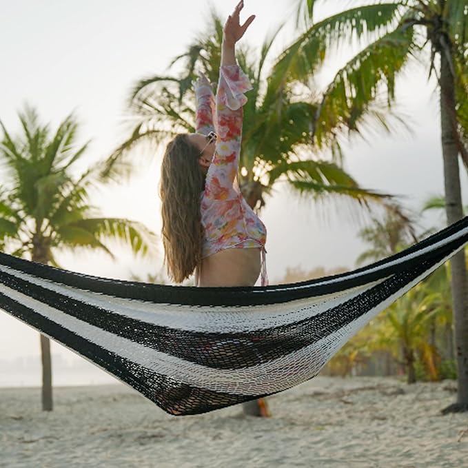 Lazy Daze Hammocks Handwoven Mayan Hammock, 10.5 FT Soft Rope Double Hammocks, Portable Outdoor Hammock with Carry Bag, 2 Straps & Carabiners for Patio Outside, 550 lbs Weight Capacity, Black/White - Image 8