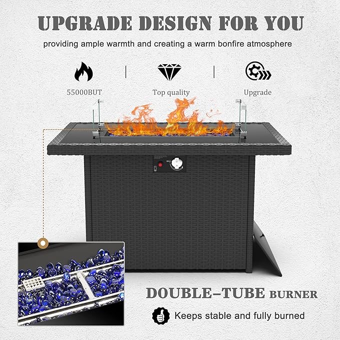 7 Pieces Patio Furniture Set with 44" Propane Gas Fire Pit Table, Outdoor Sectional Wicker Conversation Sofa Sets with Coffee Table