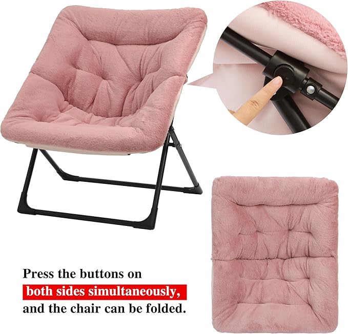 Comfy Saucer Chair for Adults, Soft Faux Fur Bedroom Chair with Ottoman, Accent Dorm Chairs, Living Room Reading Chairs and Footstool, Folding Seat for Teens, X-Large, Dusky Pink