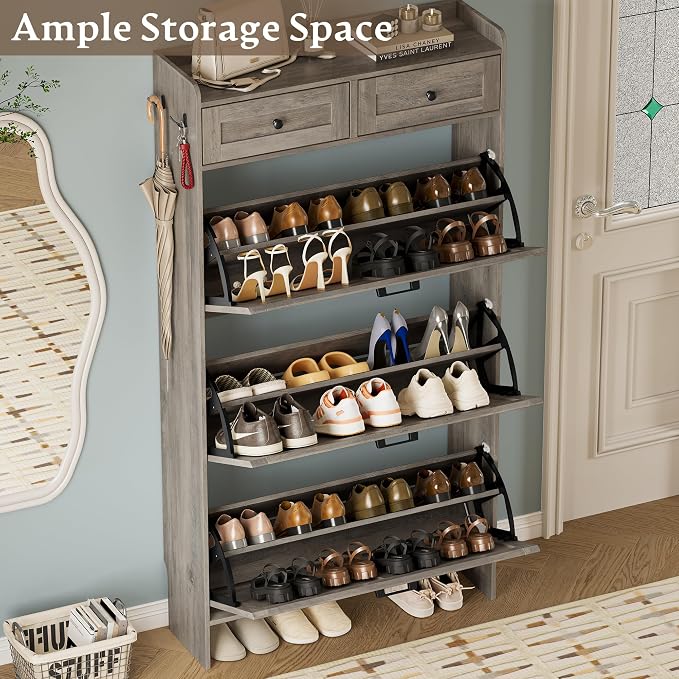 BORNOON Shoe Storage Cabinet for Entryway, Farmhouse Narrow Shoe Cabinet with 3 Flip Drawers & 2 Top Drawers, Adjustable Shelves & Hooks, Freestanding Hidden Rack Organizer for Hallway, Foyer - Image 3
