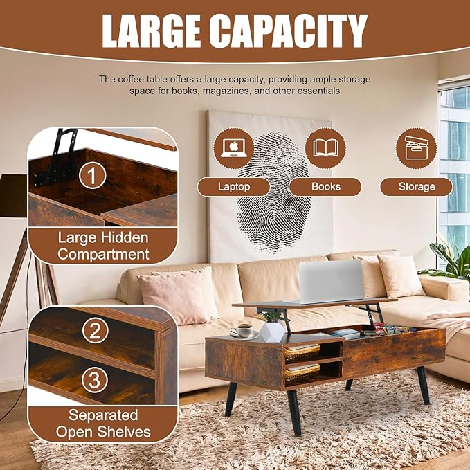 NChanmar Coffee Table for Living Room, Lift Top Coffee Table with Adjustable Storage and Hidden Compartment, Wood Center Table, Living Room Furniture for Home, Office-Brown