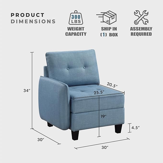 Lexicon Modern Modular One Arm Side Chair with Hidden Storage, Textured Fabric Chair with Button-Tufted Design, Reversible Back Cushion for Living Room/Bedroom/Office, Blue