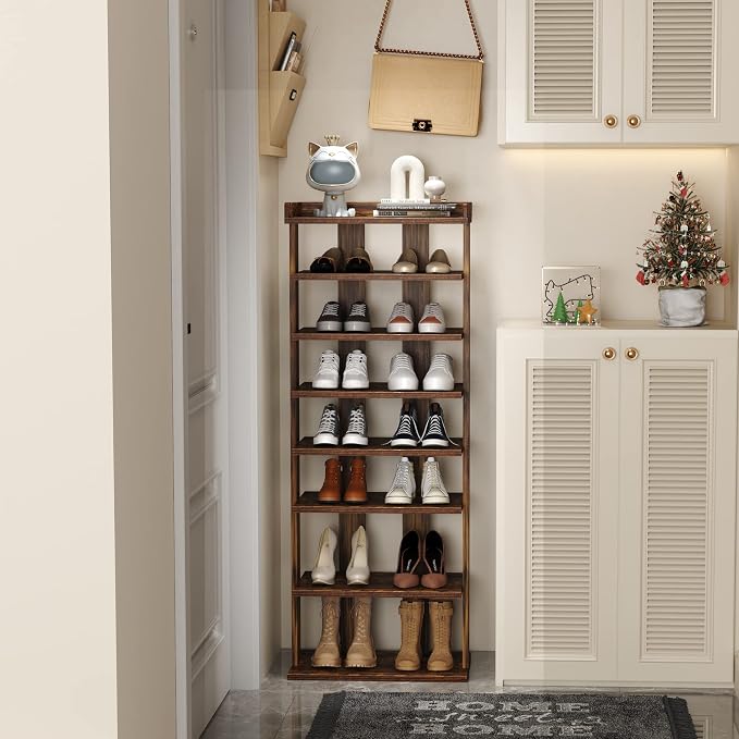 HOMEFORT 7-Tier Wood Shoe Rack, Double Rows Shoe Shelf, Shoe Storage Stand, Entryway Shoe Tower, Vertical Shoe Organizer for Narrow Closet, Entryway, Hallway, Rustic Brown - Image 7