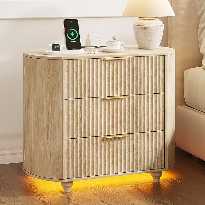31.5" W Oval Fluted Nightstand with LED Lights & Charging Station, Modern Night Stand with 3 Sliding Drawers & 2 Side Storage, Large Bedside Table, Wood End Side Table for Bedroom (Oak) by CasvikDesgin
