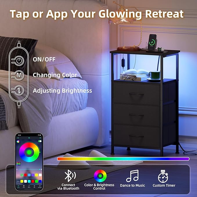Somdot Nightstands Set of 2,Bedside Tables with Charging Station and LED Lights,Night Stand with 3 Fabric Drawers, End Tables with Open Shelf for Small Spaces Bedroom Entryway Hallway, Black - Image 4