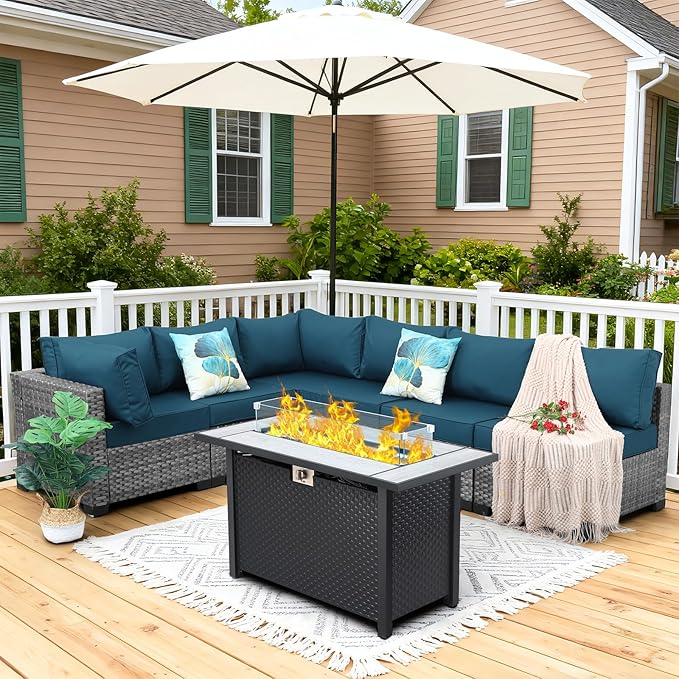 7 Pieces Wicker Patio Furniture Set Rattan Outdoor Sectional Conversation Sofa Set with Fire Pit Table Non-Slip Cushions and Furniture Cover, Peacock Blue