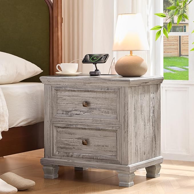SAVOR LIFE Farmhouse Nightstand with Charging Station, Rustic Low Night Stand with 2 Drawers, Mid-Century Modern End Table with 4 Square Solid Wood Legs, Small Vintage Dresser for Bedroom, Home, Grey by SAVORLIFEFurniture