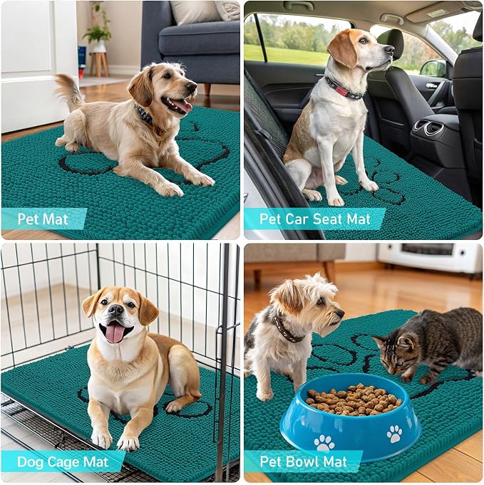 OLANLY Dog Door Mat for Muddy Paws 36x24, Paw Print Design, Absorbs Moisture and Dirt, Absorbent Non-Slip Washable Doormat, Quick Dry Chenille Mud Mat for Dogs, Entry Indoor Entryway Carpet, Lake Blue - Image 7