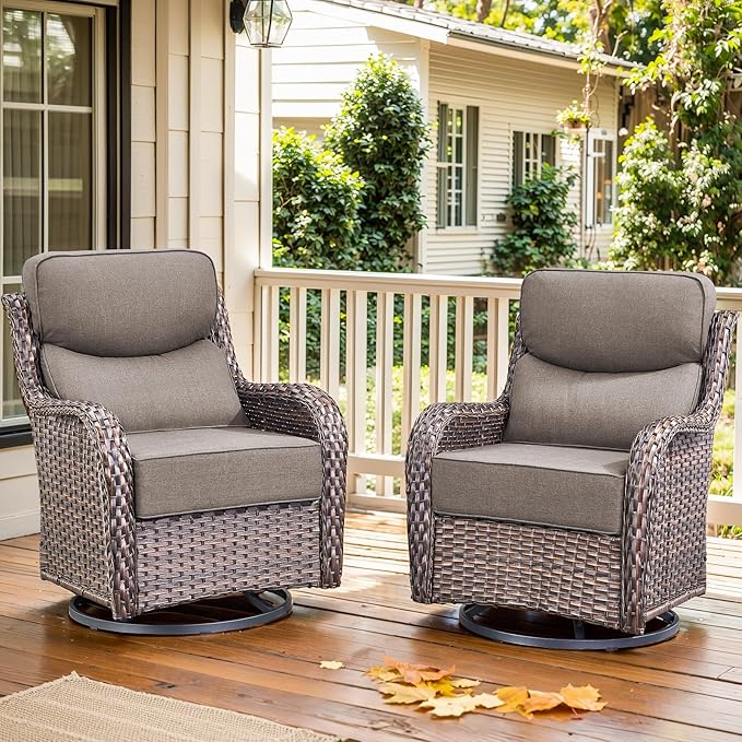 Luxury Outdoor Swivel Rocker Patio Chairs Set of 2, High Back Swivel Patio Chairs with 6-Inch Thick Cushions, Wicker Outdoor Gliders for Porch, Yard, Deck, Poolside, Brown/Grey