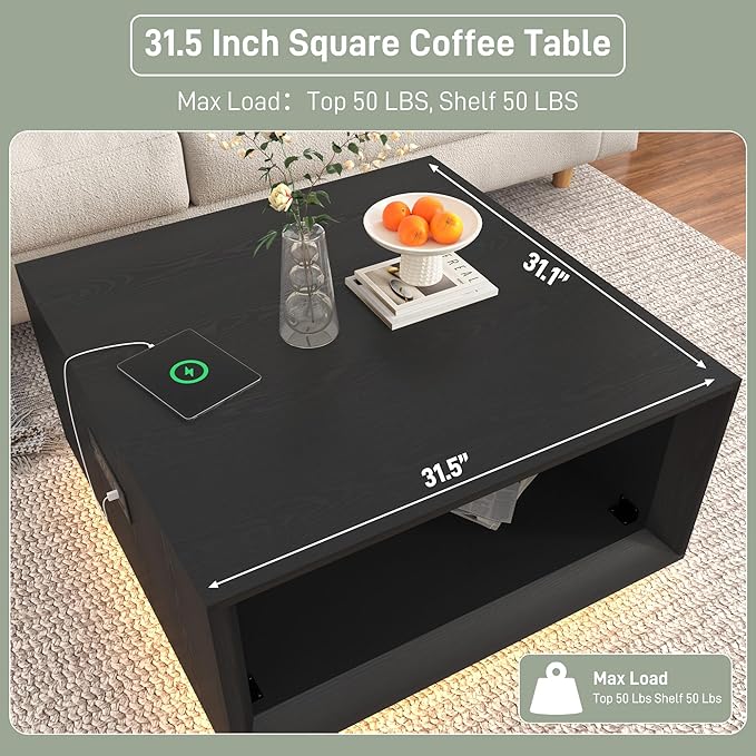 32" Mid Century Modern Coffee Table for Living Room, Square Center Table with LED Light & Power Outlet, Cocktail Table with Storage, 2-Tier Minimalist, Deep Beveled Edge, Wood Thick Design, Black