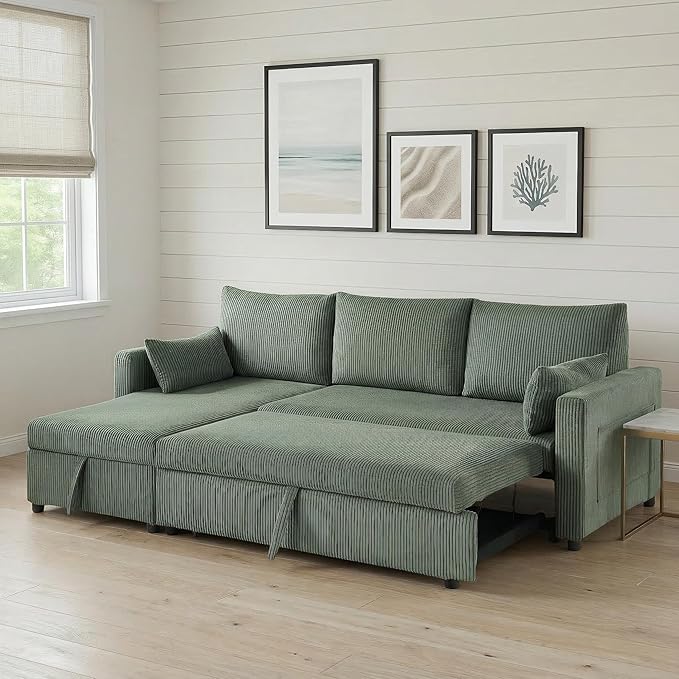 Casaphoria 85" Corduroy Sleeper Sofa with Pull Out Bed & Storage Chaise, L-Shaped Sectional Couch for Small Apartment, Living Room & Guest Room, 3-Seat Convertible Sofa Bed, Olive Drab