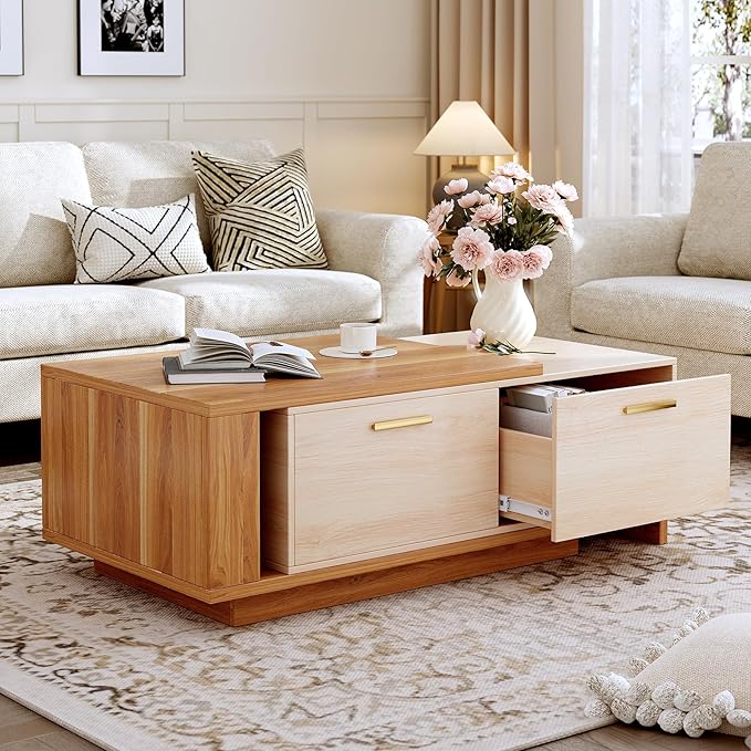 42"- 65" Extendable Coffee Table with Storage, Reversible Wood Coffee Table with 2 Drawers, Two-Tone Large Adjustable Center Table for Living Room, Office (Walnut B)