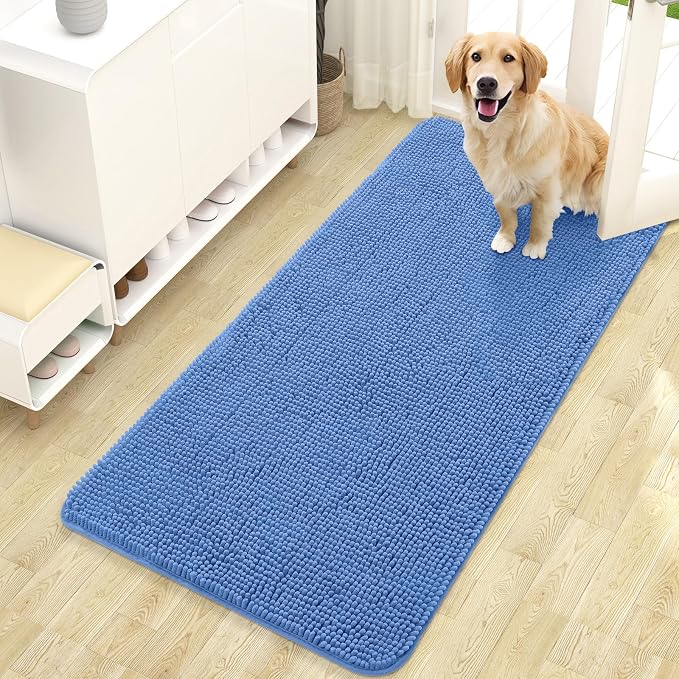 OLANLY Dog Door Mat for Muddy Paws 47x24, Absorbs Moisture and Dirt, Absorbent Non-Slip Washable Doormat, Quick Dry Chenille Mud Mat, Entry Indoor Entryway Carpet for Inside Floor, Cornflower Blue by OLANLY