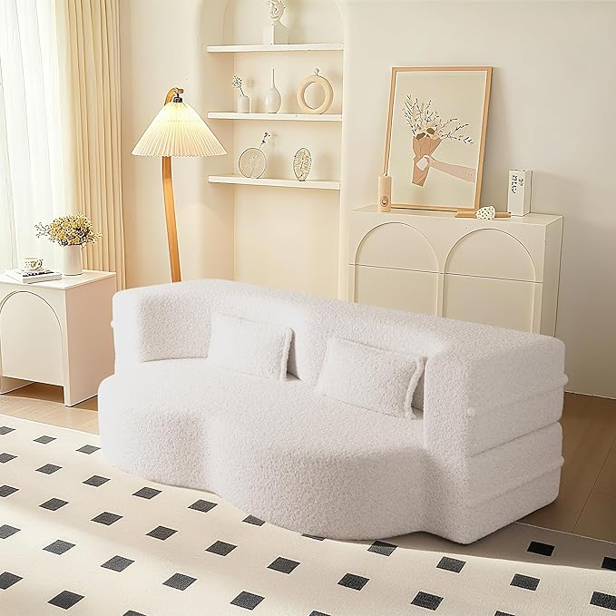 78" Convertible Sofa Bed, 2-in-1 Folding Floor Couch with 2 Pillows, Sleeper Sofa for Living Room and Bedroom, No Assembly Required (Beige, Teddy Fabric)