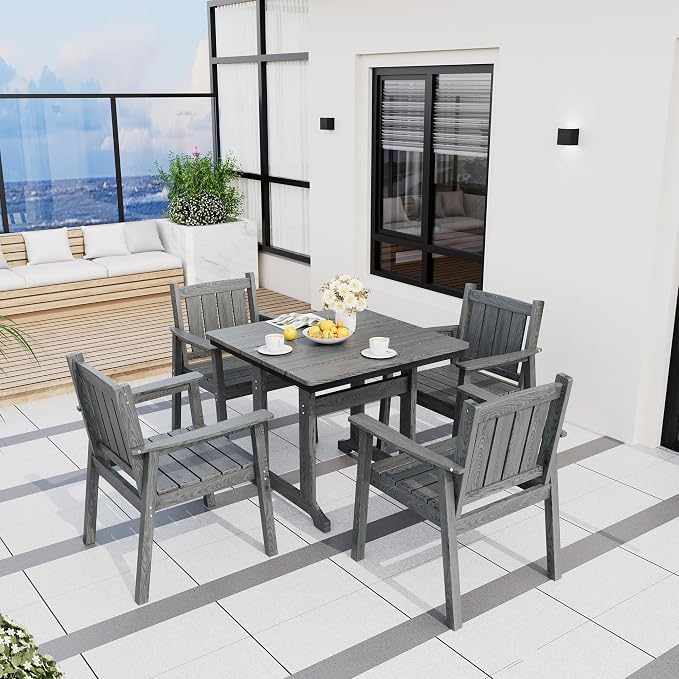 Pamapic 5 PCS Outdoor Dining Set, Spacious HDPE Outdoor Table and Chairs, Wood Grain Patio Furniture Sets with Elegant Armrest, All-Weather Patio Dining Table with Umbrella Hole, Gray - Image 7