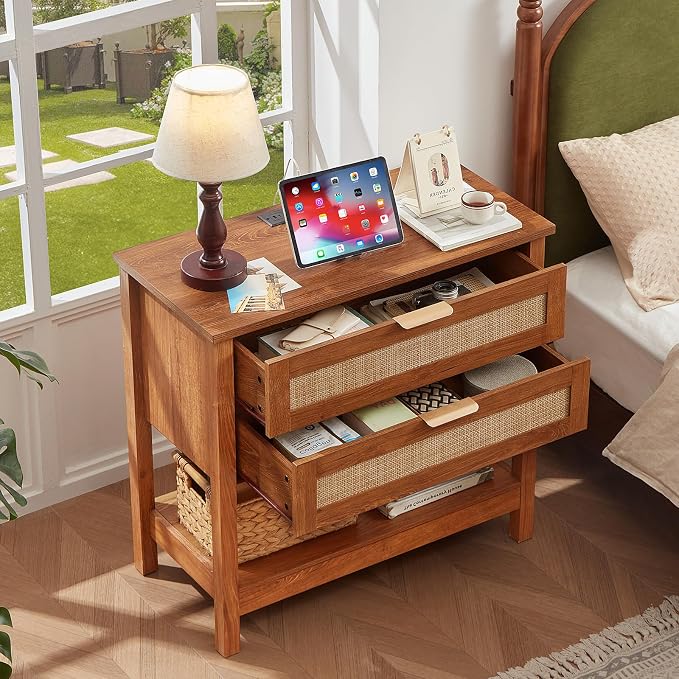 LEYAOYAO 31.5" Wide Rattan Night Stand with Charger Station, Oversized Large Boho Nightstand with 2 Drawer, Tea Brown Bed Side End Tables, Tall Bedside Table for Bedroom Living Room, Hallway - Image 8