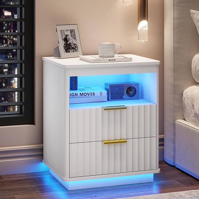 Dystler Nightstand with LED Light, Modern End Side Table with 2 Drawers and Open Storage, Smart Bedside Table with Charging Station & Human Sensor for Bedroom, White by CraftYourIdealHomeLife