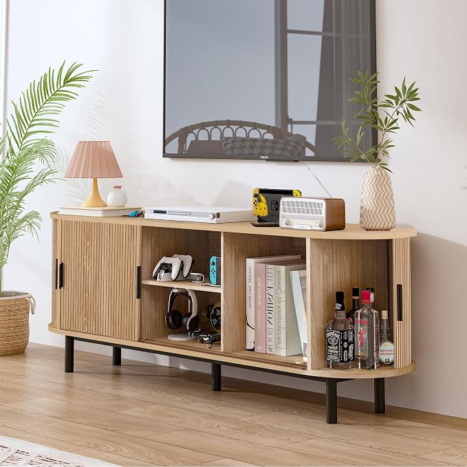 FurSch 62" Tambour Door TV Stand,Wood Mid Century Modern TV Cabinet for Up to 75“ TV,Curved Edge Long TV Stand with Storage for Bedroom Living Room (Natural, 62.2inch) - Image 6