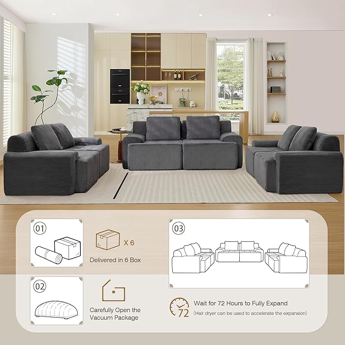 Modular Sectional Sofa, 6 Seat Modular Couch, Modular Sofa with Deep Seat and Detachable Pillow (Grey, 6 Pieces-Rowshape 3 Side)