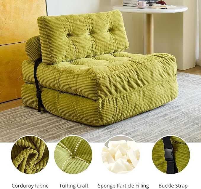 Folding Sofa Bed, Convertible Sleeper Chair with Pillow, Foldable Mattress with Back Support, Portable Floor Sofa Lounge for Living Room Bedroom Dorm(Green, Single)