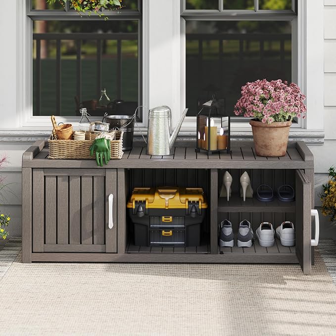 NUNU LAB Shoe Storage Cabinet, Waterproof Shoe Organizer with Adjustable Shelves, UV-Resistant Entryway Shoe Cabinet Bench with 2 Barn Doors for Indoor Outdoor, Foyer, Hallway, Living Room,Grey - Image 7