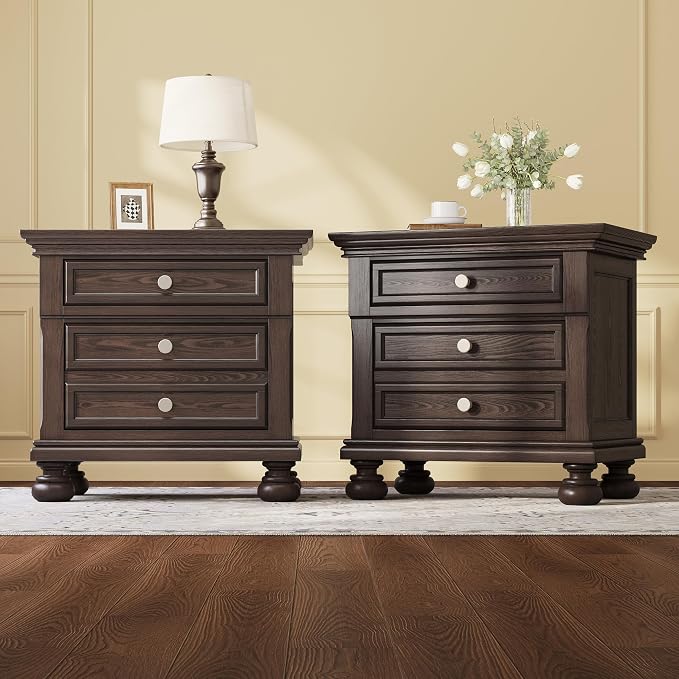 AMERLIFE Fully Assembled Nightstand Set of 2, Solid Wood End Table with 2 Storage Drawers, 26" Extra Large Traditional Bedside Cabinet for Bedroom, Dark Brown - Image 2