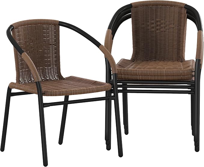 EMMA + OLIVER Set of 4 Modern Rattan Indoor/Outdoor Stack Chairs, Stacking Rattan Patio Chairs with Curved Back and Cross Bracing, Brown - Image 3