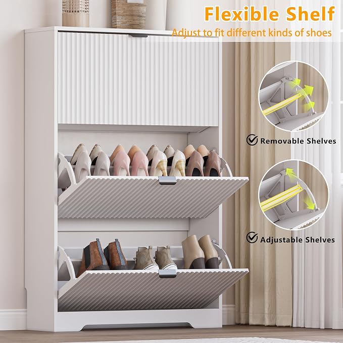 BORNOON Entryway Shoe Cabinet with 3 Flip Drawers, Narrow Shoe Organizer Cabinet with Fluted Panel and Adjustable Shelves for Foyer, Hallway - Image 3