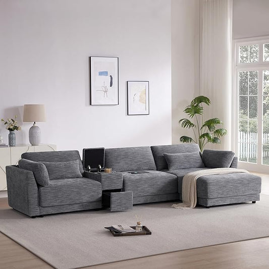 124" L-Shaped Corner Sectional Sofa with Multi-Functional Storage Console for Home Apartment, Luxury Chenille Upholstered Cloud Couches W/Wireless Charger & Ottoman