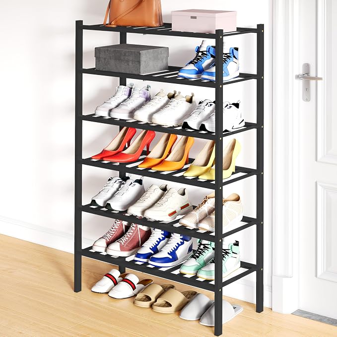 Smiry Shoe Rack, 6 Tier Bamboo Shoe Organizer, Stackable Free Standing Wooden Shoe Storage Shelf for Closet, Entryway, Front Door Entrance, Black by Smiry