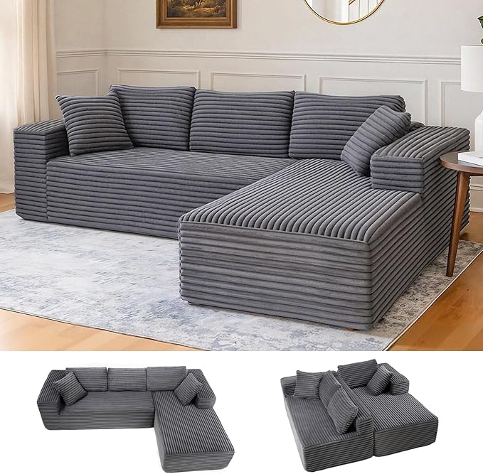 LUCKLIFE Modular Sectional Couch with L-Shape Chaise,Corduroy Upholstery Boneless Couches for Living Room,Oversized Sleeper Sofa,No Assembly Required (Grey, L Shape with Right Facing Chaise)