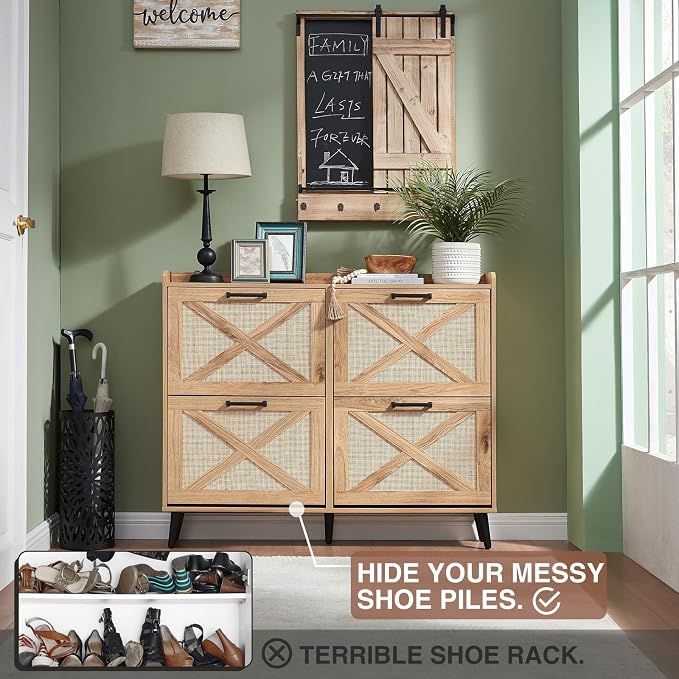 Barnyatoh Shoe Storage Cabinet, Boho Shoe Organizer with 4 Flip Drawers & Rattan Design,Farmhouse Freestanding Hidden Slim Narrow Shoe Rack Cabinet for Entryway, Foyer,Hallway,Natural - Image 3