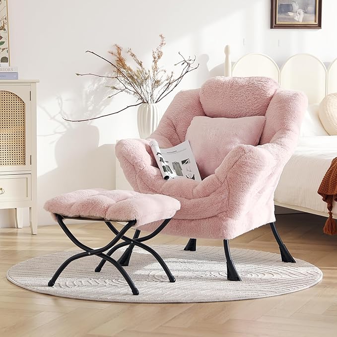 Lazy Chair with Ottoman, Large Pink Accent Chair with Ottoman and FA Throw Pillow, Comfy Plush Reading Chair for Living Room Bedroom Dorm Room Office Apartment Relaxing Use